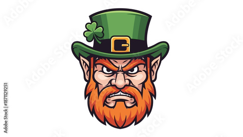 Fierce Leprechaun Mascot Face with Green Hat and Clover - St. Patrick's Day Symbol