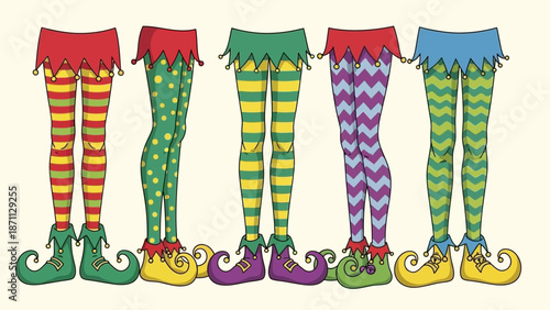 Festive Elf Legs with Colorful Striped and Patterned Tights and Shoes