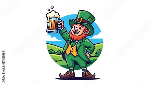 Happy Leprechaun Character in Green Suit Holding a Beer Mug with Clover Hat