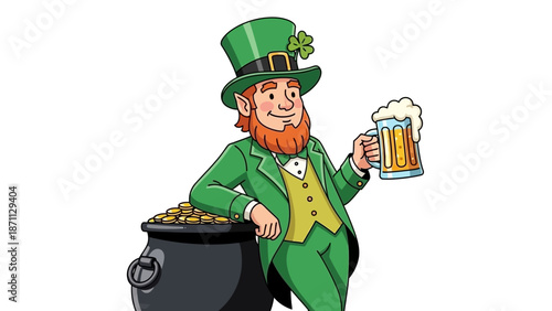 Leprechaun Holding Beer Mug Near Pot of Gold, St. Patrick's Day Celebration