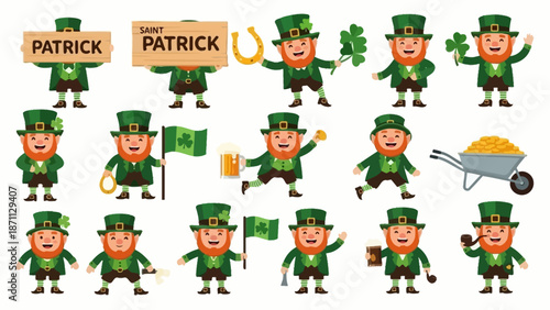 Saint Patrick's Day Leprechauns: Festive Characters with Symbols and Beer