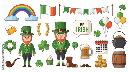St. Patrick's Day Symbols Collection: Leprechauns, Rainbow, Beer, and Irish Flag