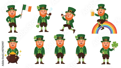 Set of Lucky Leprechauns Celebrating St. Patrick's Day with Symbols of Ireland
