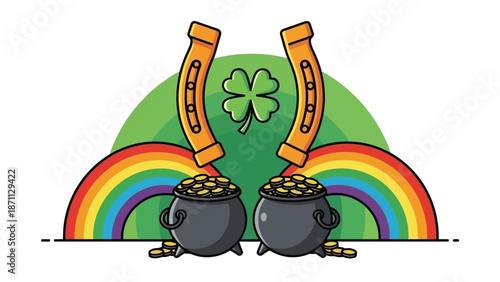 St. Patrick's Day Symbols: Rainbow, Pot of Gold, Clover and Horseshoe