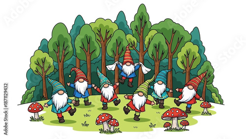 Whimsical Gnomes Dancing Joyfully in a Lush Forest with Red Mushrooms