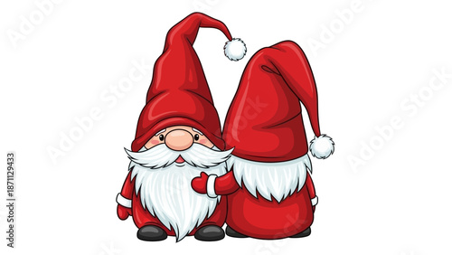 Two Cute Christmas Gnomes in Red Santa Hats with White Beards, Festive Illustration