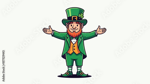 Cartoon Leprechaun Greeting with Open Arms, Wearing Green Suit and Top Hat