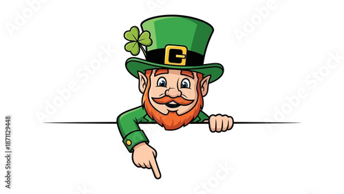 Cartoon Leprechaun Pointing Down Over a White for St. Patrick's Day