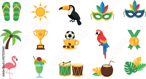 Vacation icons with soccer ball toucan flamingo and palm tree