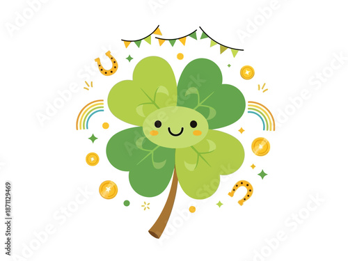 A smiling cartoon four-leaf clover surrounded by festive decorations and symbols of good luck on a white background