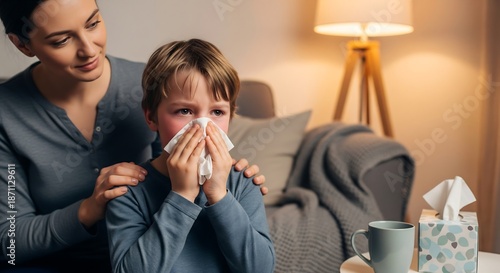 A caring mother comforts her young son who is blowing his nose with a tissue while feeling unwell at home.