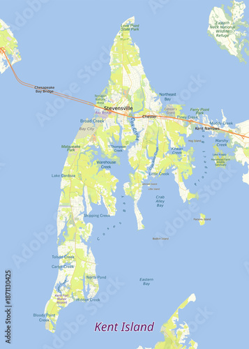 Map of Kent Island, Maryland, surrounded by blue water. The island is green and beige, indicating land cover and vegetation.