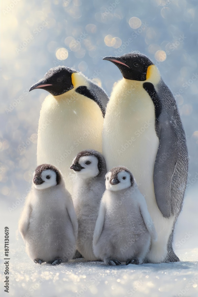 Obraz premium Emperor penguins with three fluffy chicks standing on snow-covered Antarctic ice. Concept Emperor penguins, three fluffy chicks, Antarctic ice, snow-covered landscape, wildlife photography