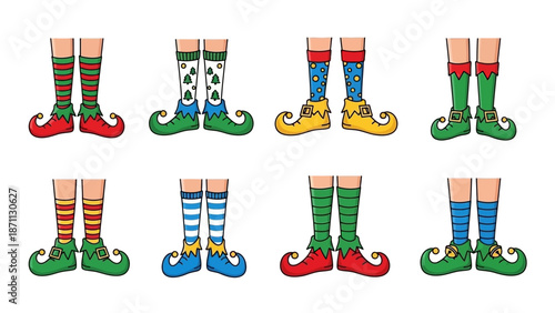 Collection of Cute Cartoon Elf Legs with Festive Striped and Patterned Socks and Shoes