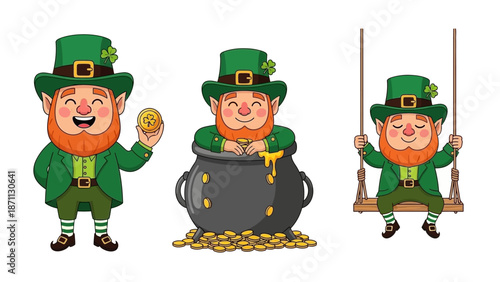Cute Leprechaun Characters with Gold Coins, Pot of Gold, and Swing for St. Patrick's Day