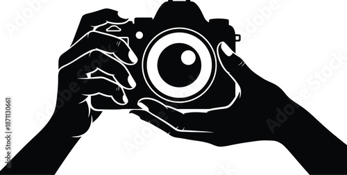 Hands holding a DSLR camera point and shoot vector illustration. Photographer with camera, camera in hand. 