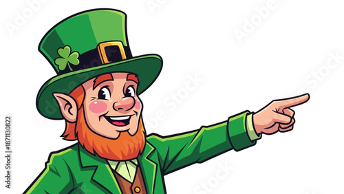 Smiling Leprechaun Character in Green Hat and Jacket Pointing Right