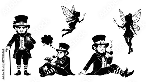 St Patrick's Day Black and White Silhouettes of Leprechauns and Fairies