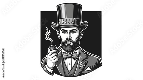 Sophisticated Gentleman in Top Hat Smoking Pipe with Rose on Suit, Vintage Style Portrait