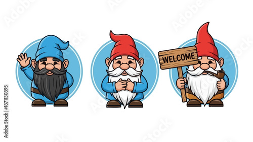 Three Cartoon Gnomes with Blue and Red Hats and Welcome Sign