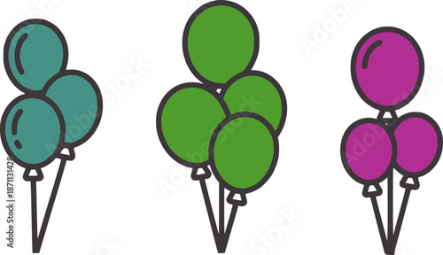 Three bunches of colorful balloons teal green purple