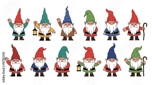 Collection of 14 Cute Garden Gnomes with Lanterns and Walking Sticks