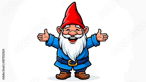 Happy Cheerful Gnome with Red Hat and Blue Outfit Spreading Joy and Welcome