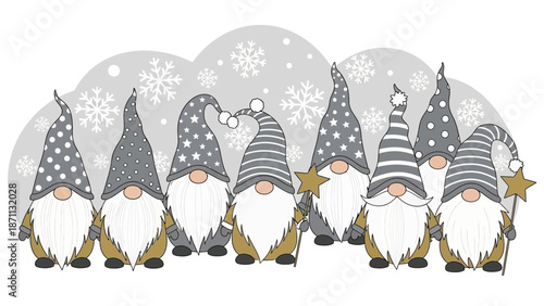 Group of Cute Christmas Gnomes with Snowflakes and Stars on Grey Background