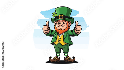 Happy Leprechaun with Thumbs Up in front of a Stylized Map of Iowa