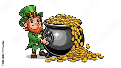 Leprechaun Holding Pot of Gold Coins, St. Patrick's Day Symbol, Irish Folklore