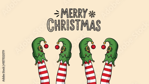 Merry Christmas text with cute elf legs and festive decoration