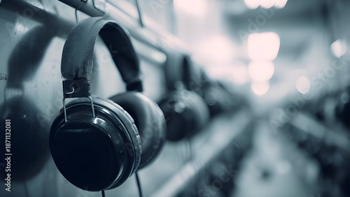Bulk assortment of colorful, wired headphones. Pairs of safety earmuffs (hearing protectors) hanging in a row