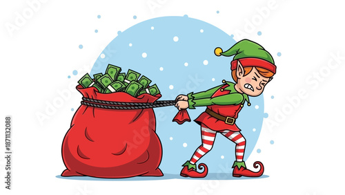 Struggling Elf Pulls Heavy Red Sack Full of Money Under Snowfall