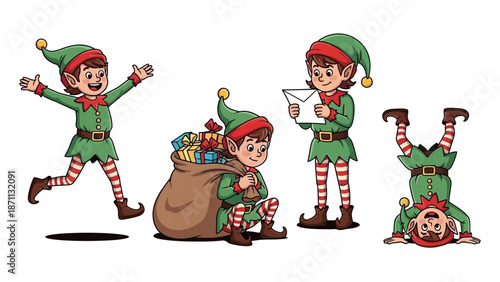 Set of Four Christmas Elves in Fun Poses: Jumping, Holding Gifts, Reading Letter, and Handstand