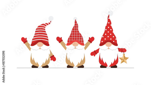 Three Festive Gnomes with Christmas Hats and Mittens Waving on White Background