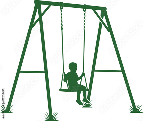Child silhouette on playground swing set, happy childhood moment outdoors, minimal green vector illustration for park, playtime concept design art