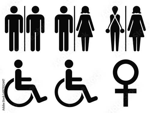 a collection of gender and accessibility icons in black and white minimalist vector style, suitable for signage, Inclusivity design, public spaces, web applications, and educational materials.