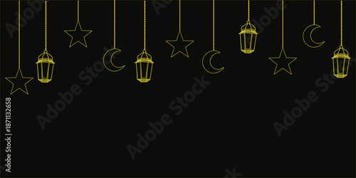 Golden Ramadan hanging decorations on dark background. Islamic lanterns, stars, and crescent moon forming elegant festive border. Night themed design for Eid greetings and banners. 