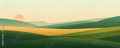Beautiful green and yellow meadows, fields, hills, and natural landscapes at sunset or sunrise. Landscape of hills and meadows at sunset. Vector nature landscape illustration for background.