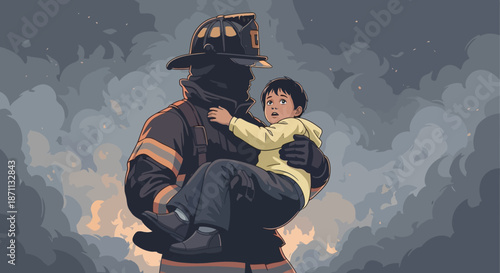 Brave Firefighter Rescues Child from Dangerous Smoky Environment Illustration