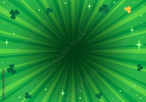 Cute Abstract Shamrock Patrick Day Clover Frame. Happy St. Patrick's Day Green Gold Burst Decoration Lines Abstract Background