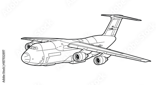 Detailed Line Art Outline Drawing of a Massive Military Transport Cargo Aircraft