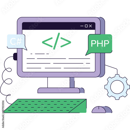 Computer monitor displaying code with programming language tags