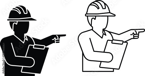 Construction worker silhouette and outline set pointing directions with clipboard, safety helmet supervisor concept, industrial management black and white vector illustration
