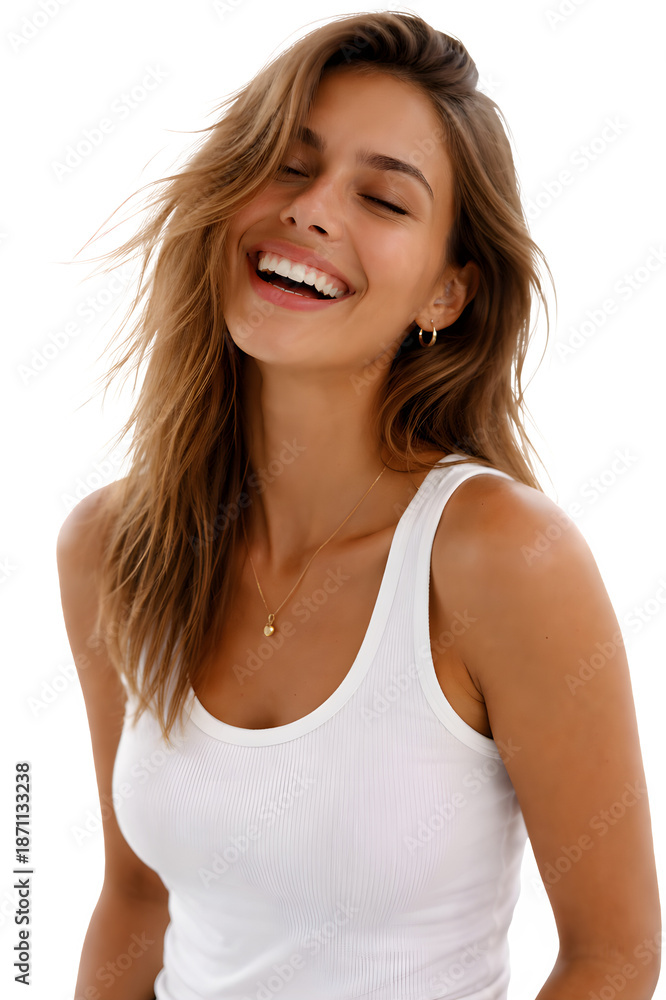 Fototapeta premium Portrait of a joyful young woman laughing with eyes closed