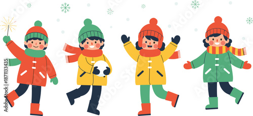Cute winter kids illustration set playing in snow, happy children wearing warm clothes, festive seasonal vector design for holidays