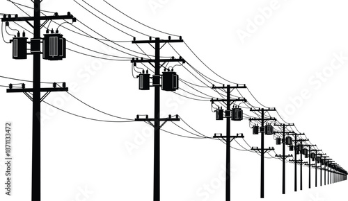 Electric power line silhouettes stretching into distance, utility poles and transformers infrastructure, energy distribution network, industrial technology black vector illustration