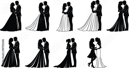 Romantic wedding couple silhouette collection showing bride and groom embraces, elegant black and white vector icons for love designs