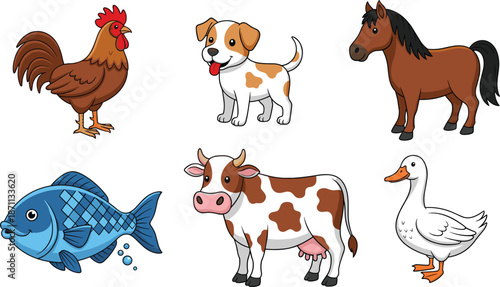 Farm animal cartoon set featuring rooster dog horse cow fish duck, cute colorful vector illustrations for children education learning materials