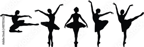 Elegant ballet dancer silhouettes in graceful classical poses wearing tutus, showcasing artistic choreography, balance, and timeless performing arts beauty